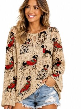 Beige Crochet Dog Print Sweater